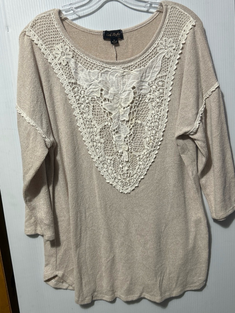 Cal Style  Beige  Lace Pullover Top Scoop Neck 3/4 Sleeves Large Boho Y2K